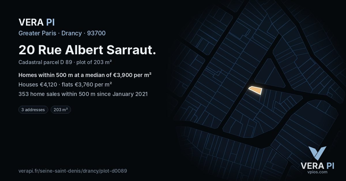 20 Rue Albert Sarraut, Drancy at night – the plot lit, the parcels around coloured by the prices near them