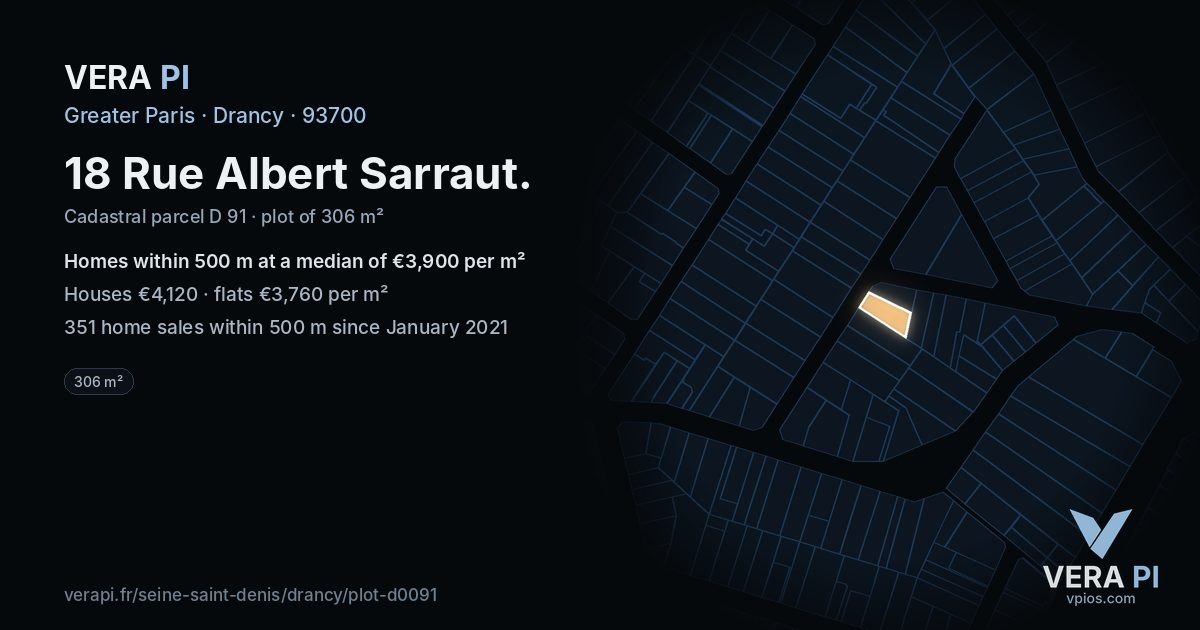 18 Rue Albert Sarraut, Drancy at night – the plot lit, the parcels around coloured by the prices near them