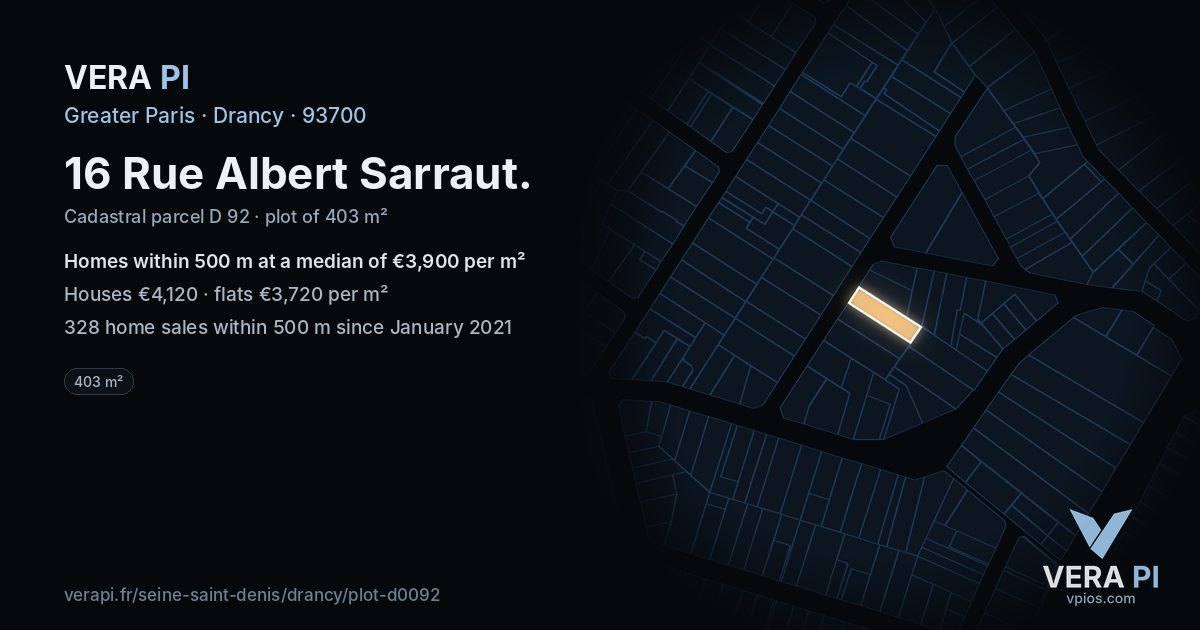 16 Rue Albert Sarraut, Drancy at night – the plot lit, the parcels around coloured by the prices near them