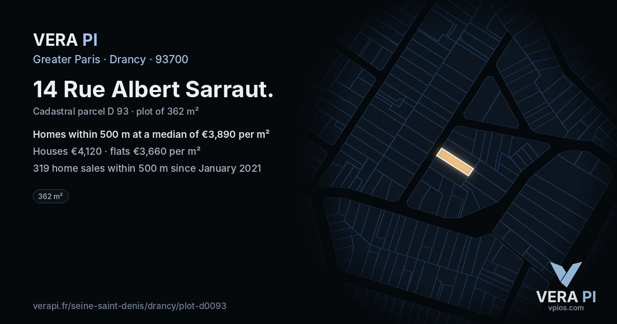 14 Rue Albert Sarraut, Drancy at night – the plot lit, the parcels around coloured by the prices near them