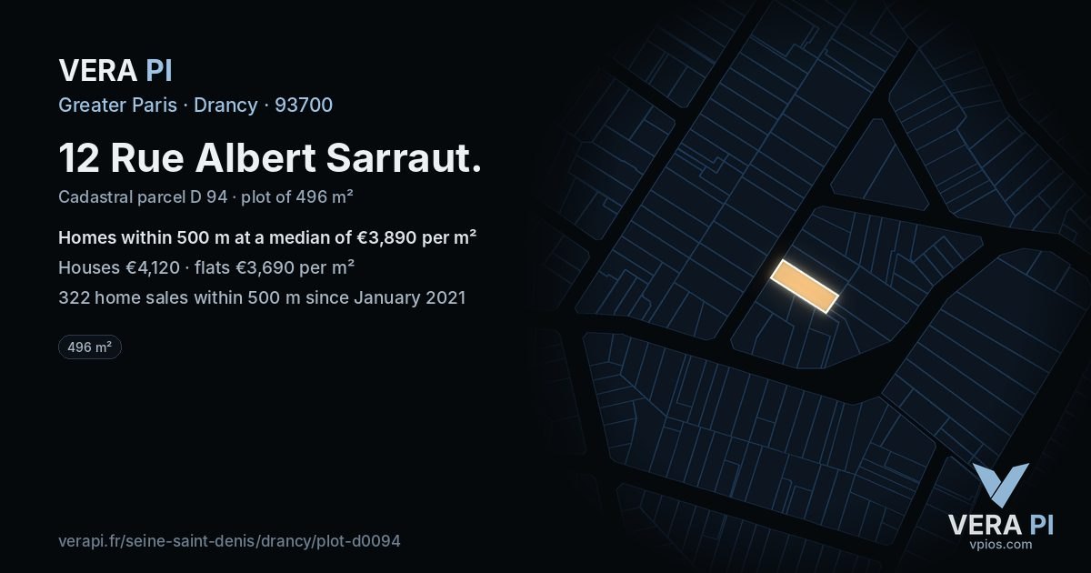 12 Rue Albert Sarraut, Drancy at night – the plot lit, the parcels around coloured by the prices near them