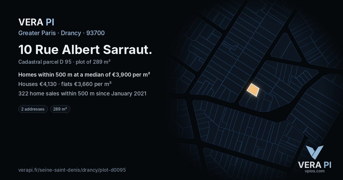 10 Rue Albert Sarraut, Drancy at night – the plot lit, the parcels around coloured by the prices near them