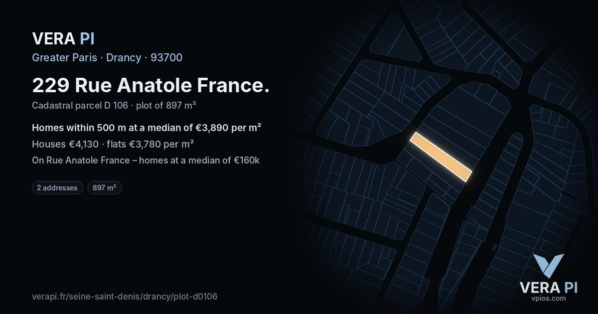 229 Rue Anatole France, Drancy at night – the plot lit, the parcels around coloured by the prices near them