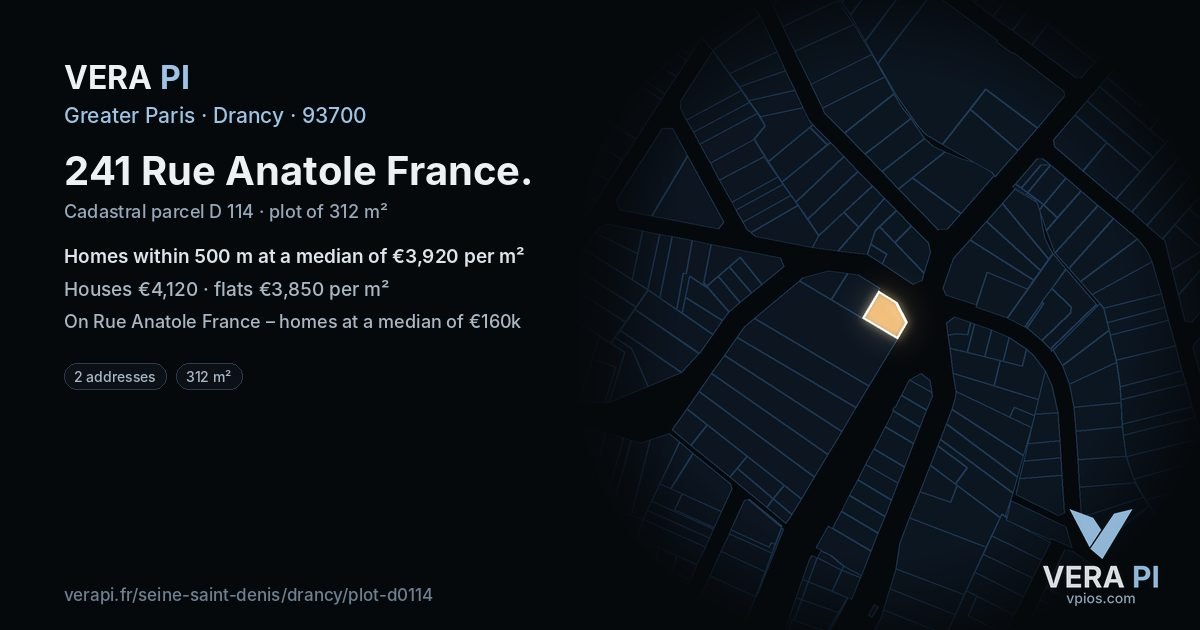 241 Rue Anatole France, Drancy at night – the plot lit, the parcels around coloured by the prices near them