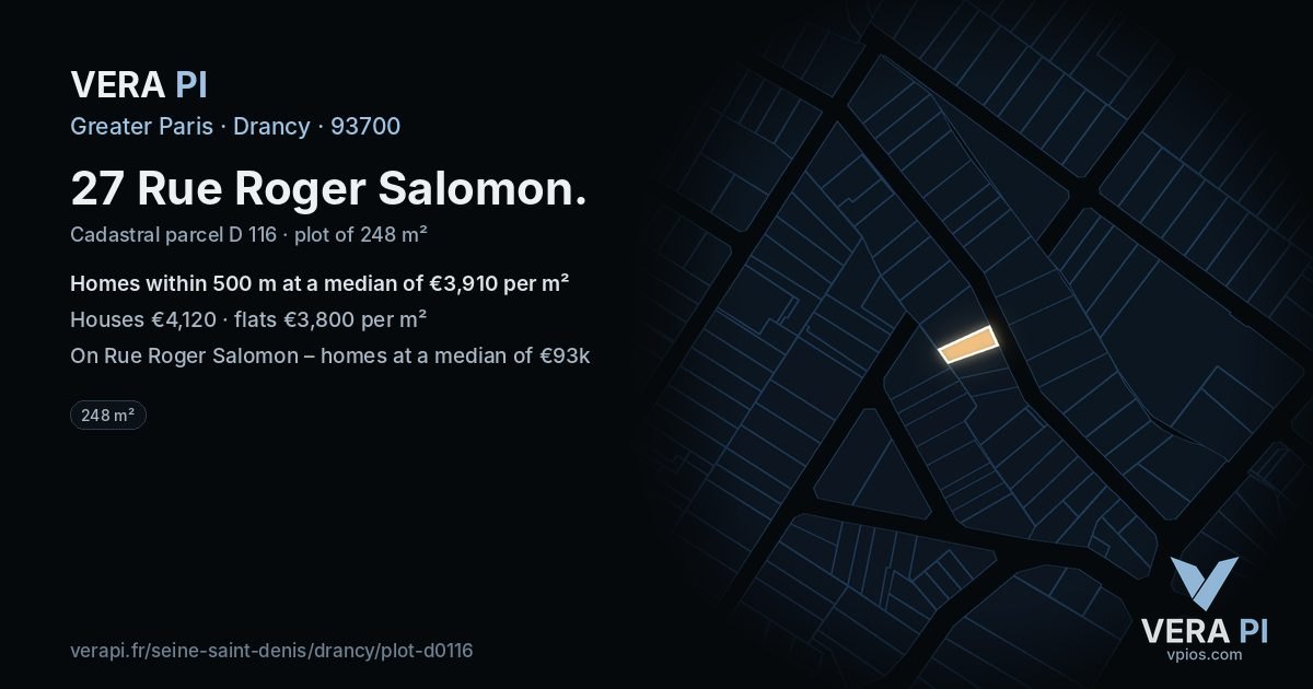 27 Rue Roger Salomon, Drancy at night – the plot lit, the parcels around coloured by the prices near them