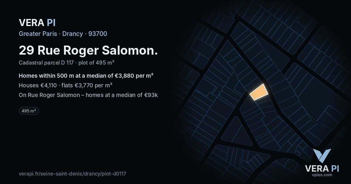 29 Rue Roger Salomon, Drancy at night – the plot lit, the parcels around coloured by the prices near them