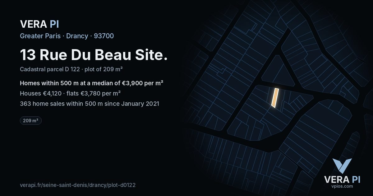 13 Rue Du Beau Site, Drancy at night – the plot lit, the parcels around coloured by the prices near them