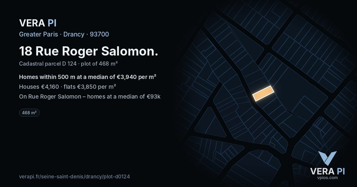 18 Rue Roger Salomon, Drancy at night – the plot lit, the parcels around coloured by the prices near them
