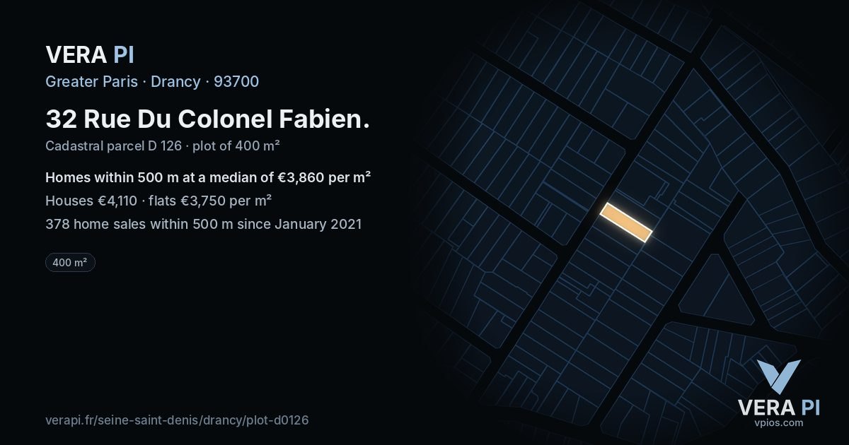 32 Rue Du Colonel Fabien, Drancy at night – the plot lit, the parcels around coloured by the prices near them