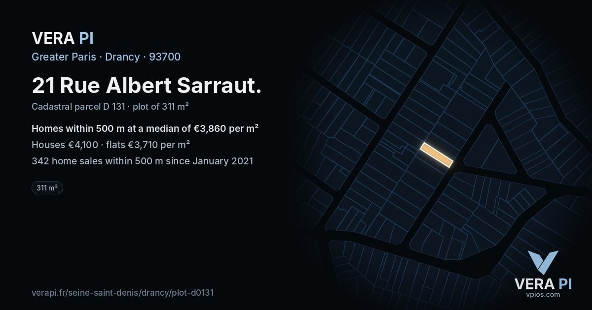 21 Rue Albert Sarraut, Drancy at night – the plot lit, the parcels around coloured by the prices near them