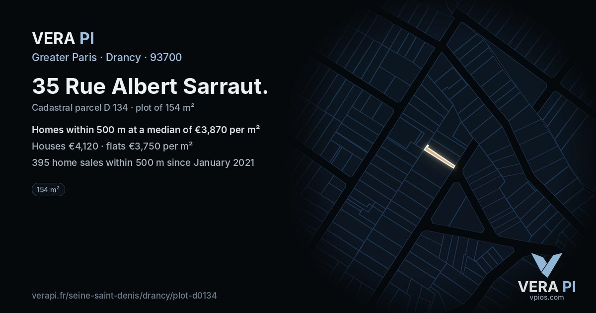 35 Rue Albert Sarraut, Drancy at night – the plot lit, the parcels around coloured by the prices near them