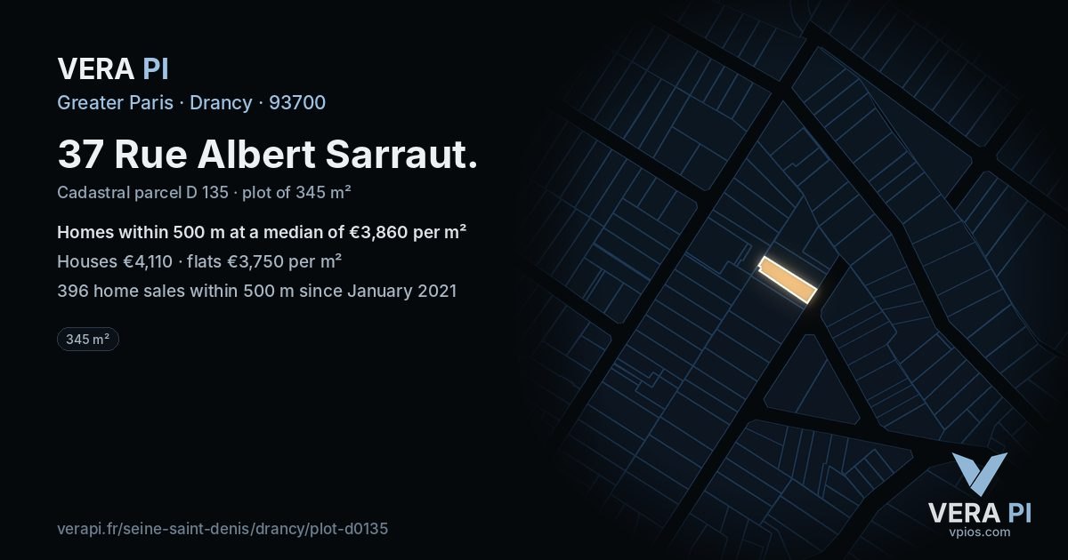 37 Rue Albert Sarraut, Drancy at night – the plot lit, the parcels around coloured by the prices near them