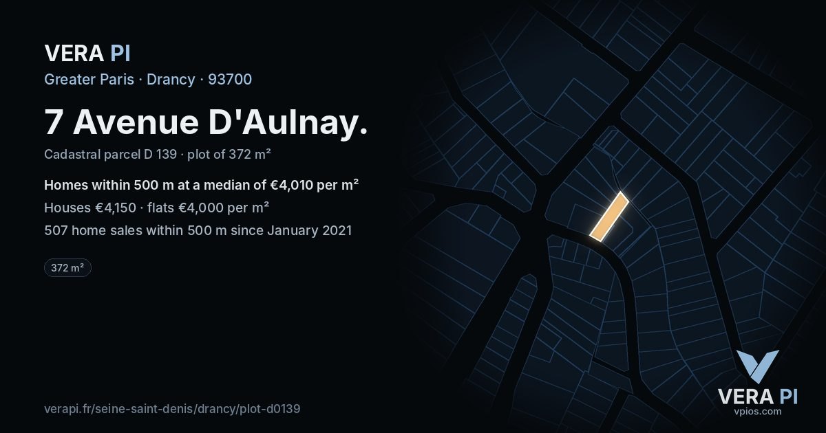 7 Avenue D'Aulnay, Drancy at night – the plot lit, the parcels around coloured by the prices near them