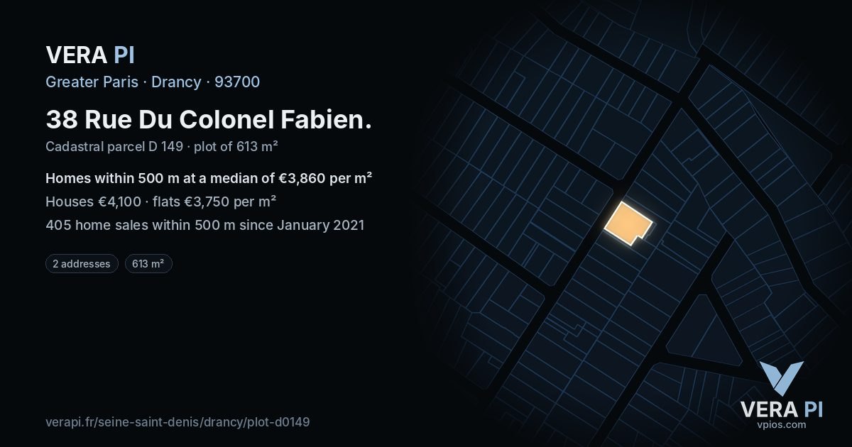 38 Rue Du Colonel Fabien, Drancy at night – the plot lit, the parcels around coloured by the prices near them