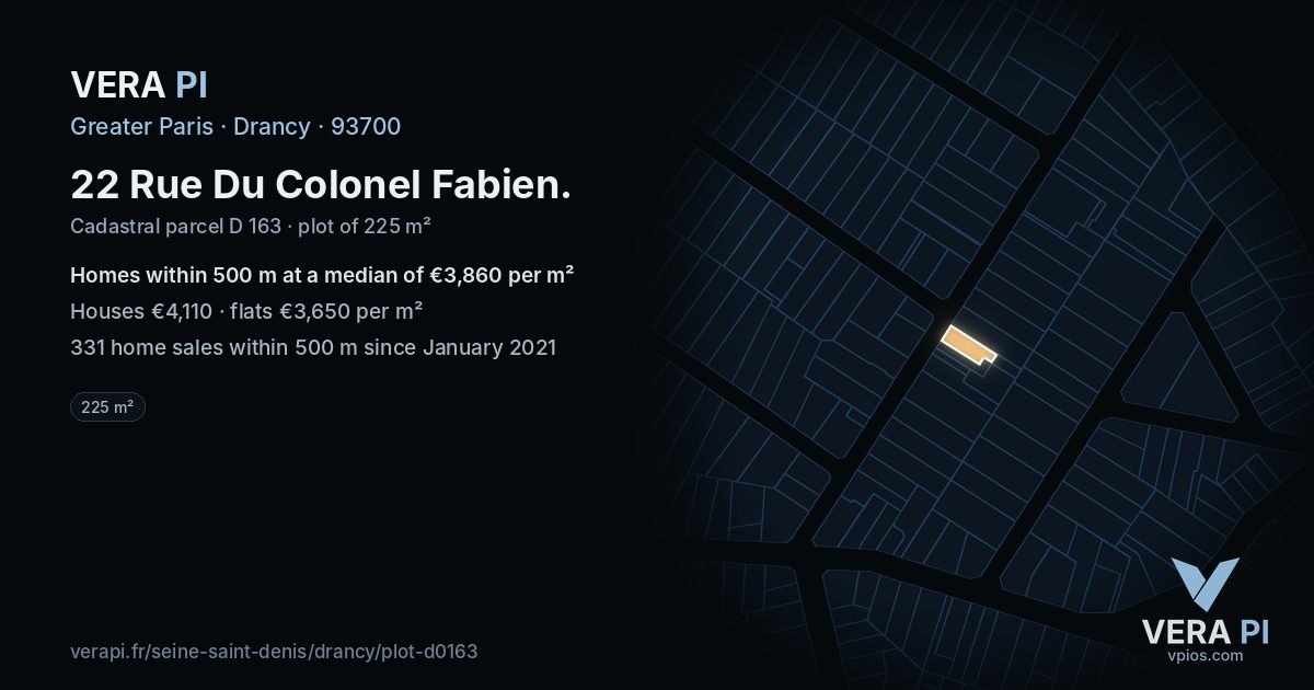22 Rue Du Colonel Fabien, Drancy at night – the plot lit, the parcels around coloured by the prices near them