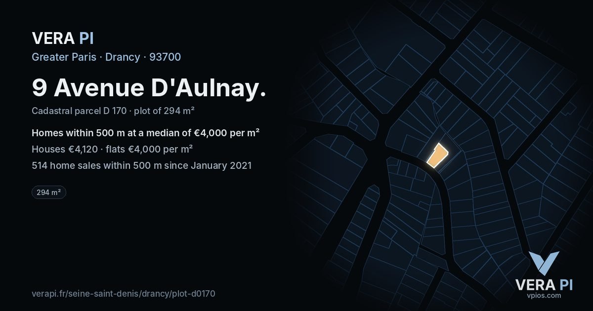 9 Avenue D'Aulnay, Drancy at night – the plot lit, the parcels around coloured by the prices near them