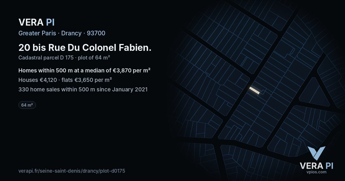 20 bis Rue Du Colonel Fabien, Drancy at night – the plot lit, the parcels around coloured by the prices near them