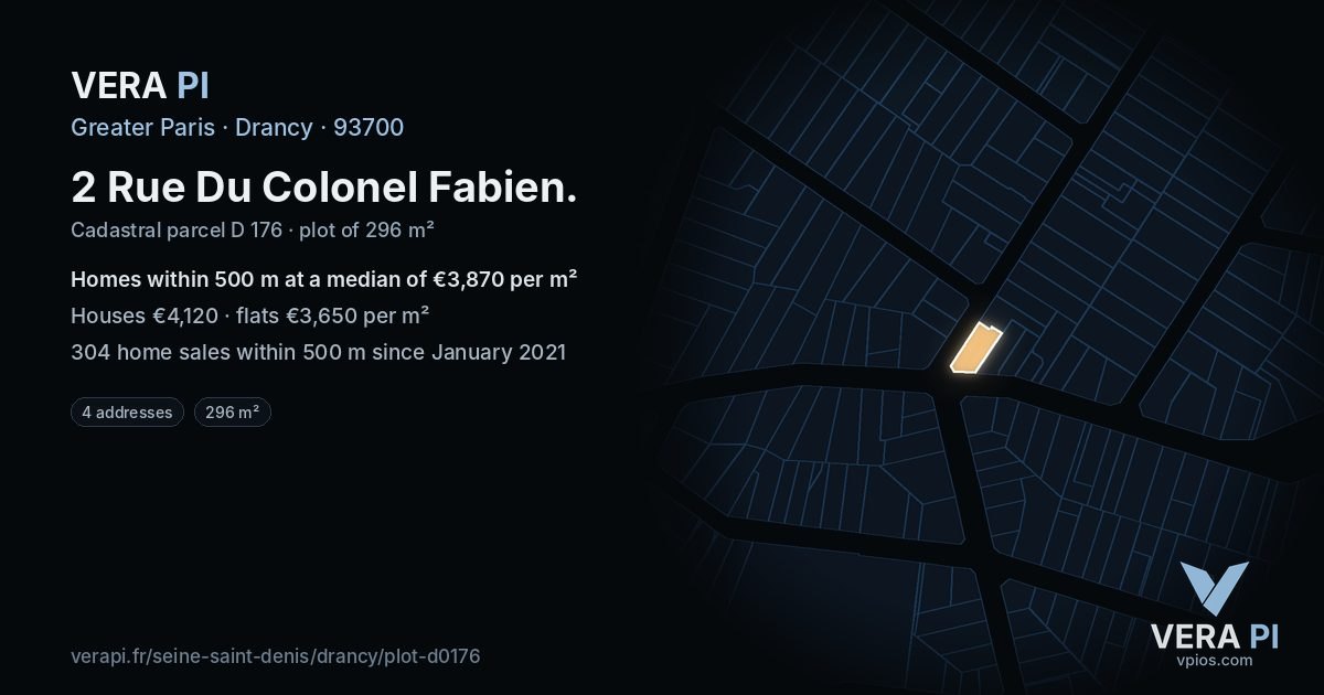 2 Rue Du Colonel Fabien, Drancy at night – the plot lit, the parcels around coloured by the prices near them