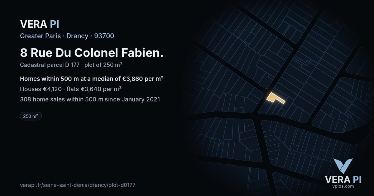 8 Rue Du Colonel Fabien, Drancy at night – the plot lit, the parcels around coloured by the prices near them