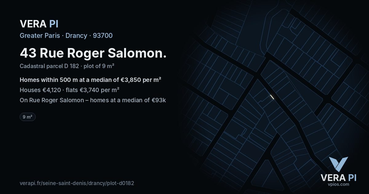 43 Rue Roger Salomon, Drancy at night – the plot lit, the parcels around coloured by the prices near them