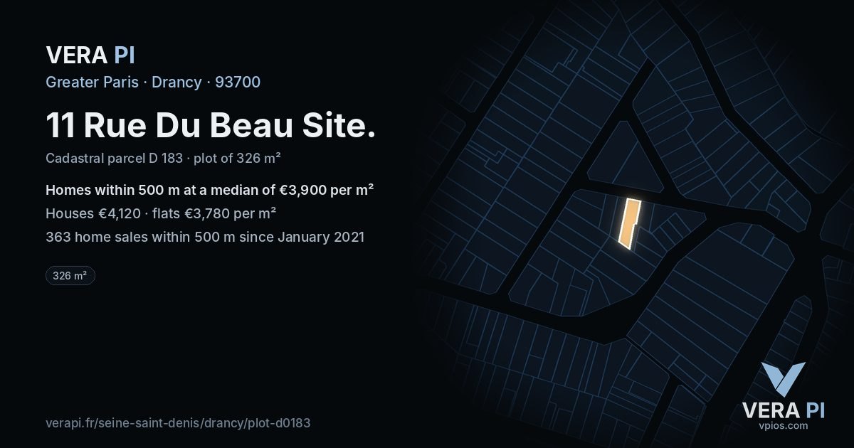 11 Rue Du Beau Site, Drancy at night – the plot lit, the parcels around coloured by the prices near them