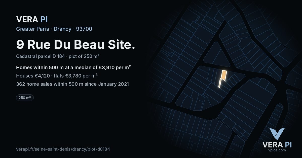 9 Rue Du Beau Site, Drancy at night – the plot lit, the parcels around coloured by the prices near them