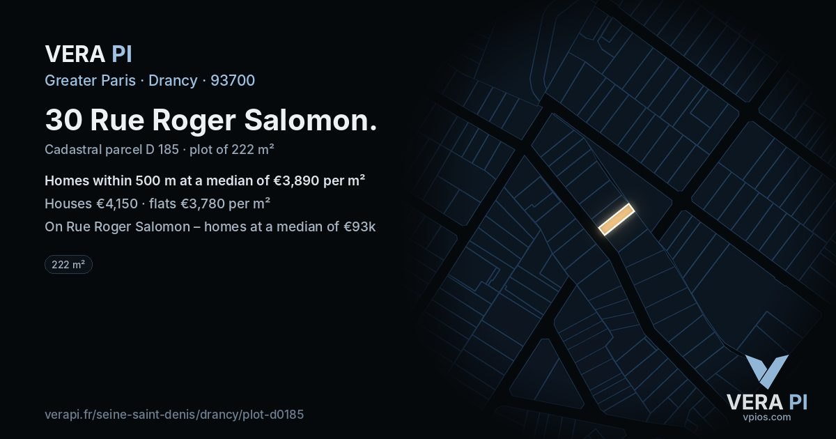30 Rue Roger Salomon, Drancy at night – the plot lit, the parcels around coloured by the prices near them