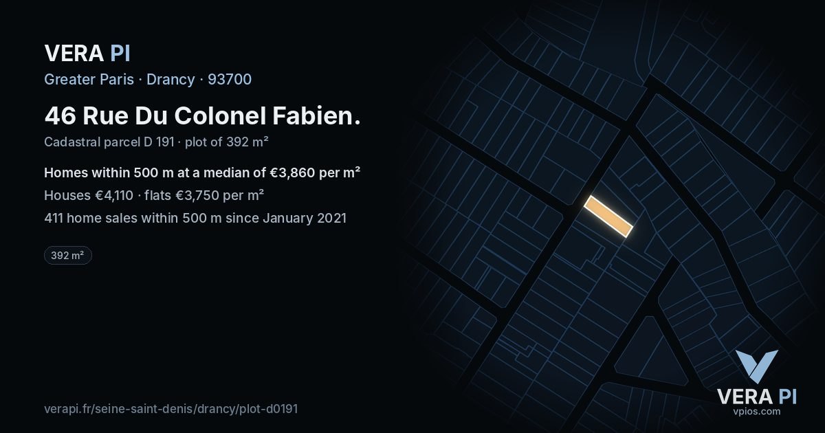46 Rue Du Colonel Fabien, Drancy at night – the plot lit, the parcels around coloured by the prices near them