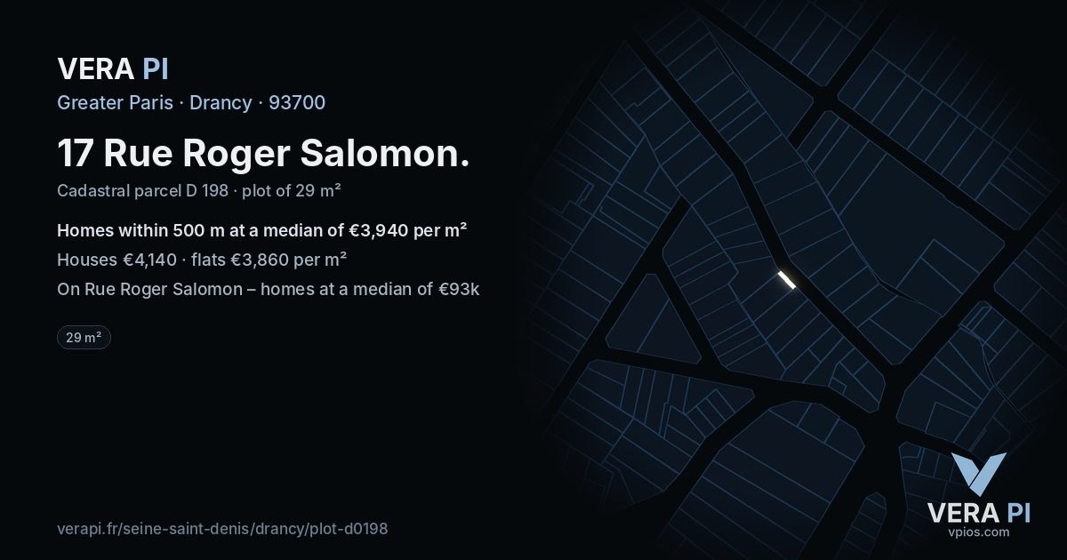 17 Rue Roger Salomon, Drancy at night – the plot lit, the parcels around coloured by the prices near them