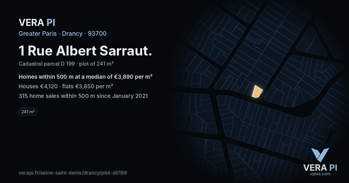 1 Rue Albert Sarraut, Drancy at night – the plot lit, the parcels around coloured by the prices near them