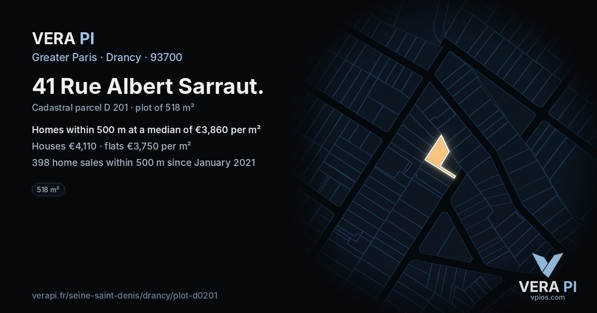 41 Rue Albert Sarraut, Drancy at night – the plot lit, the parcels around coloured by the prices near them