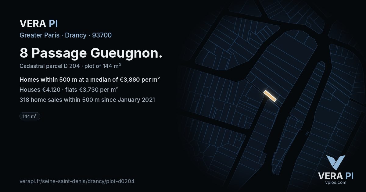 8 Passage Gueugnon, Drancy at night – the plot lit, the parcels around coloured by the prices near them