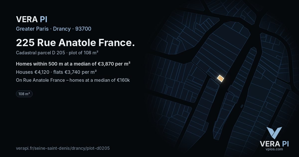 225 Rue Anatole France, Drancy at night – the plot lit, the parcels around coloured by the prices near them