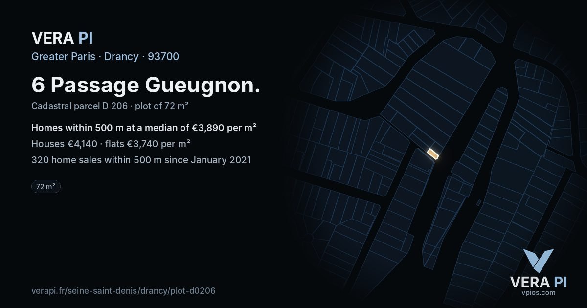 6 Passage Gueugnon, Drancy at night – the plot lit, the parcels around coloured by the prices near them