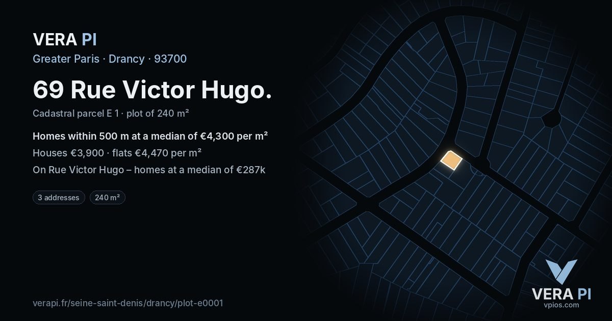 69 Rue Victor Hugo, Drancy at night – the plot lit, the parcels around coloured by the prices near them