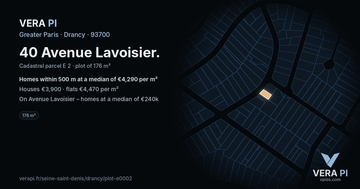 40 Avenue Lavoisier, Drancy at night – the plot lit, the parcels around coloured by the prices near them