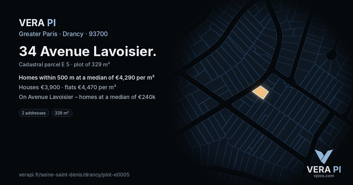 34 Avenue Lavoisier, Drancy at night – the plot lit, the parcels around coloured by the prices near them