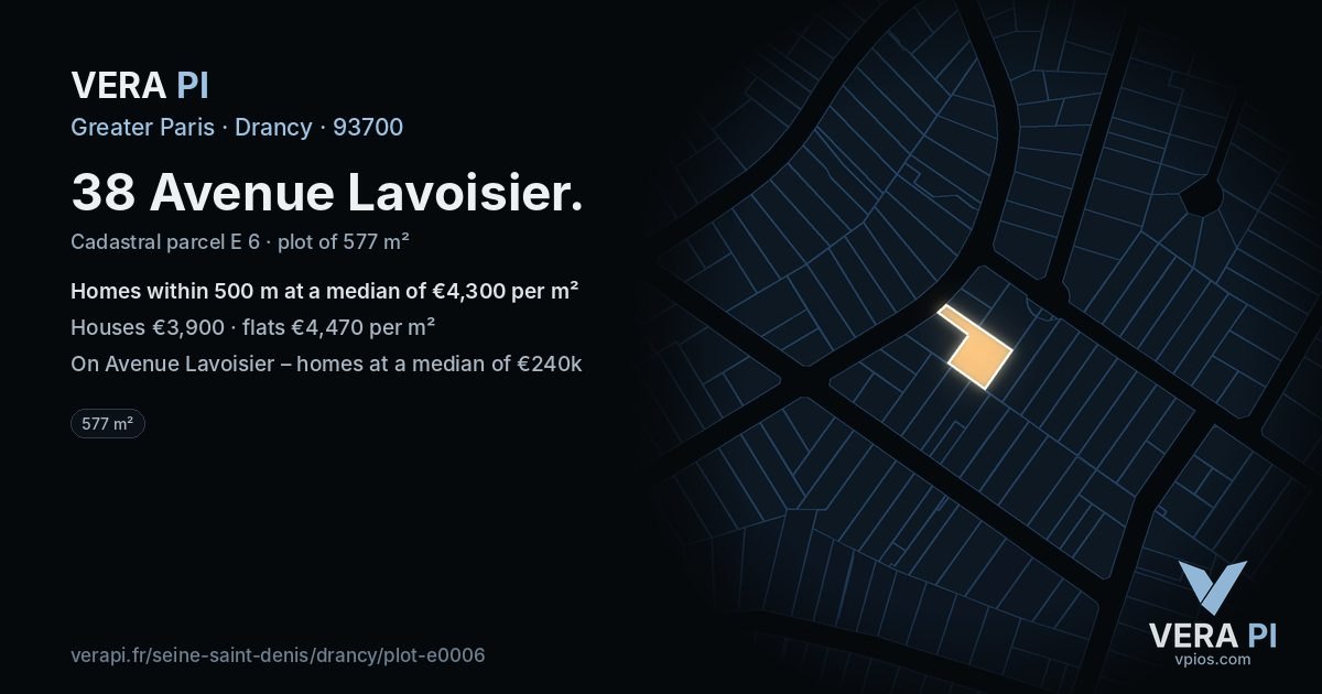 38 Avenue Lavoisier, Drancy at night – the plot lit, the parcels around coloured by the prices near them