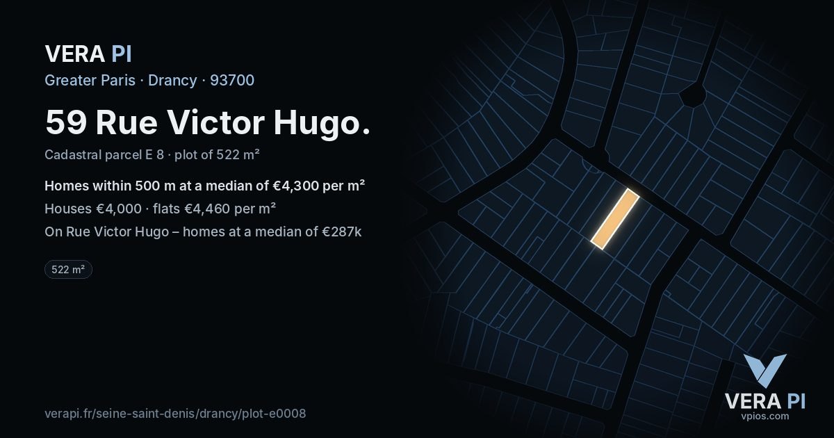 59 Rue Victor Hugo, Drancy at night – the plot lit, the parcels around coloured by the prices near them