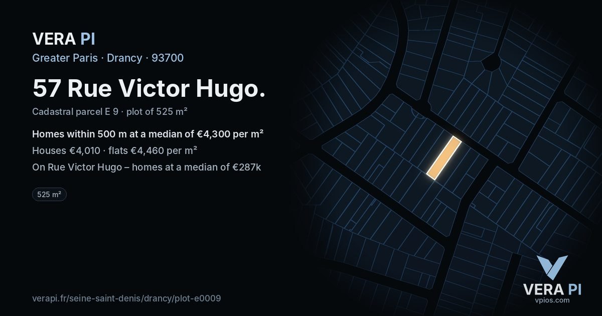 57 Rue Victor Hugo, Drancy at night – the plot lit, the parcels around coloured by the prices near them
