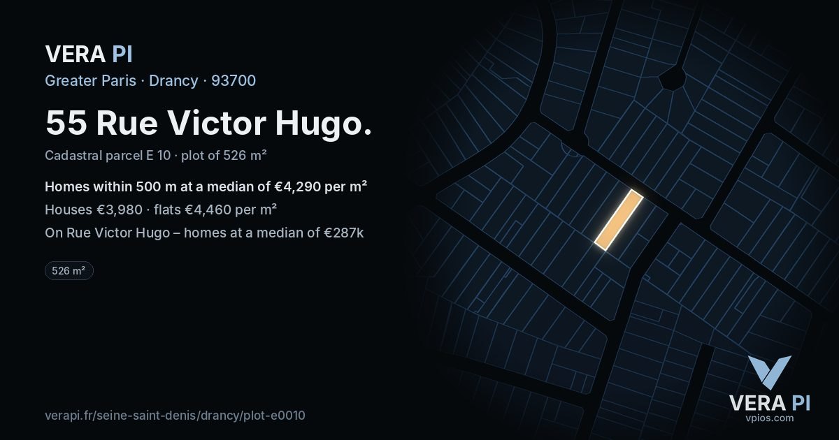 55 Rue Victor Hugo, Drancy at night – the plot lit, the parcels around coloured by the prices near them