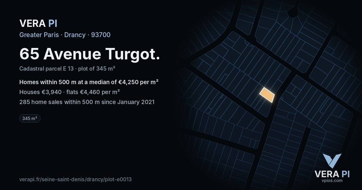 65 Avenue Turgot, Drancy at night – the plot lit, the parcels around coloured by the prices near them