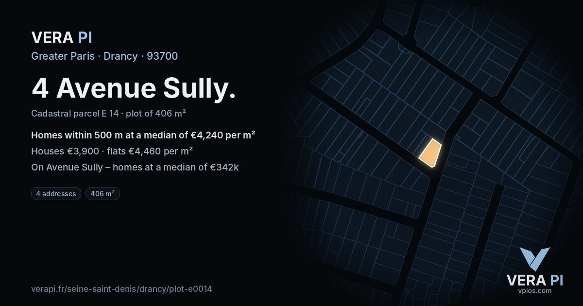 4 Avenue Sully, Drancy at night – the plot lit, the parcels around coloured by the prices near them
