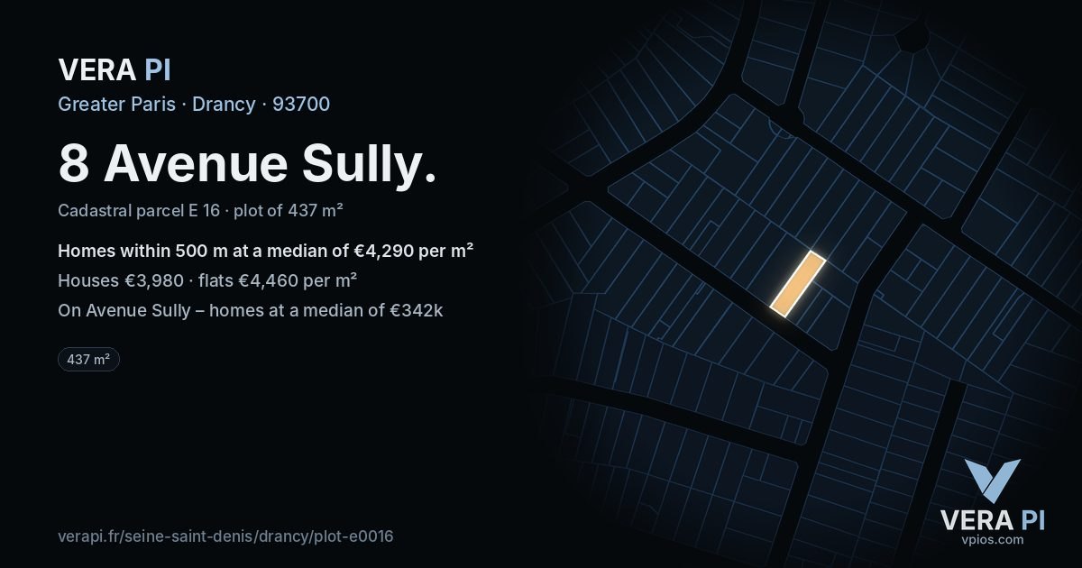 8 Avenue Sully, Drancy at night – the plot lit, the parcels around coloured by the prices near them