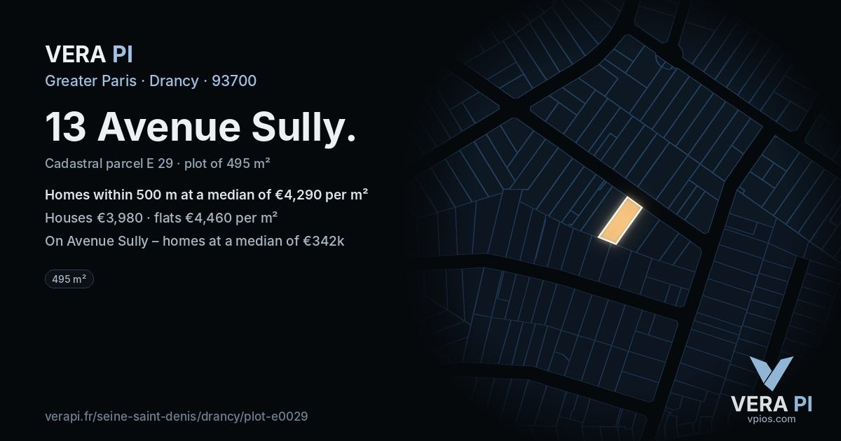 13 Avenue Sully, Drancy at night – the plot lit, the parcels around coloured by the prices near them