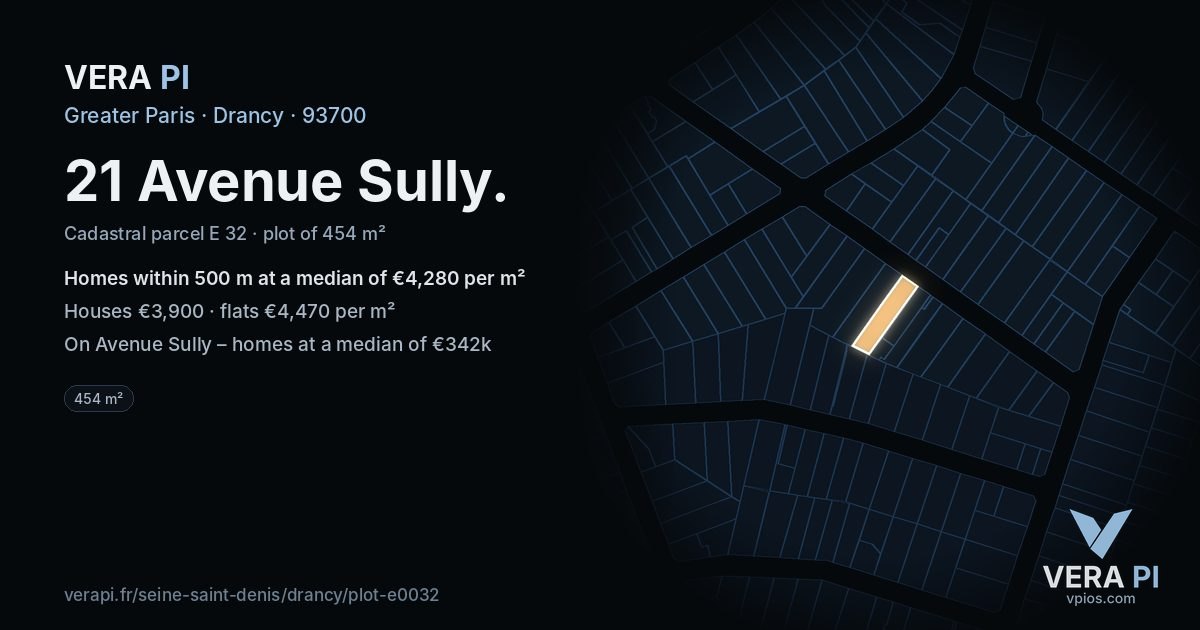 21 Avenue Sully, Drancy at night – the plot lit, the parcels around coloured by the prices near them