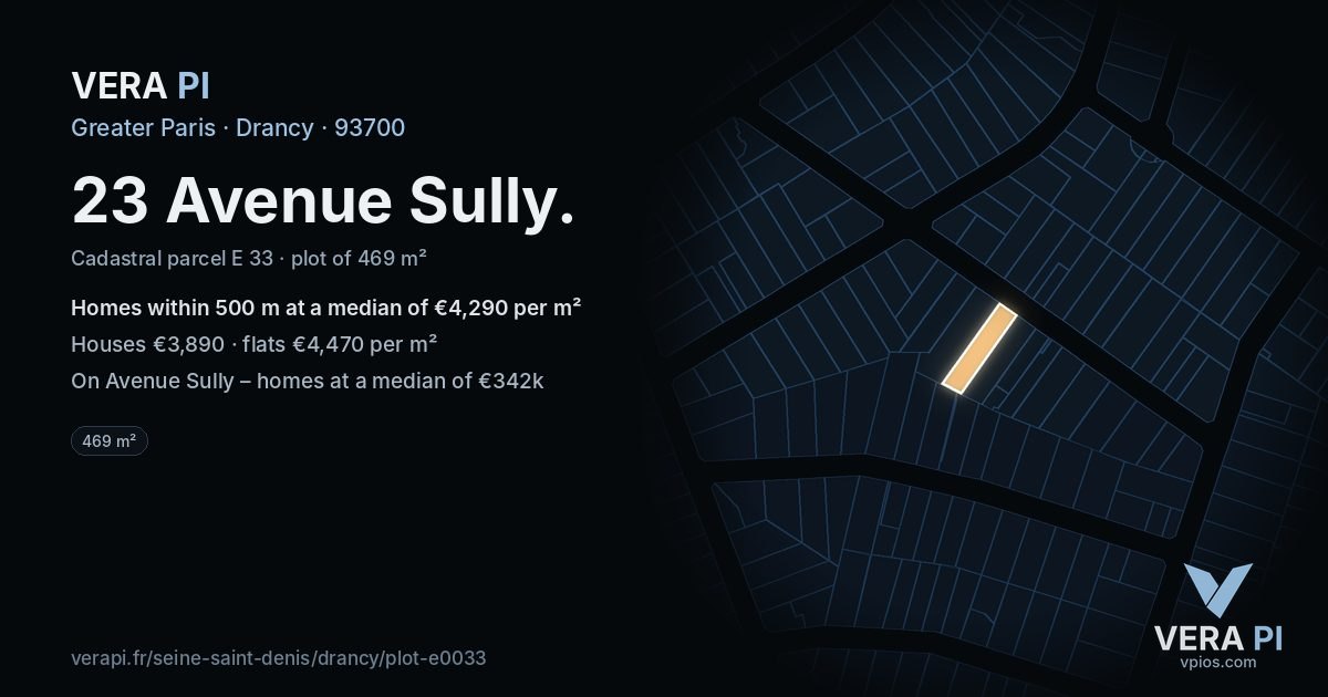 23 Avenue Sully, Drancy at night – the plot lit, the parcels around coloured by the prices near them