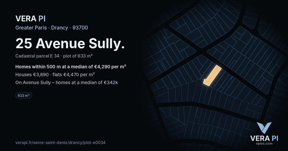 25 Avenue Sully, Drancy at night – the plot lit, the parcels around coloured by the prices near them
