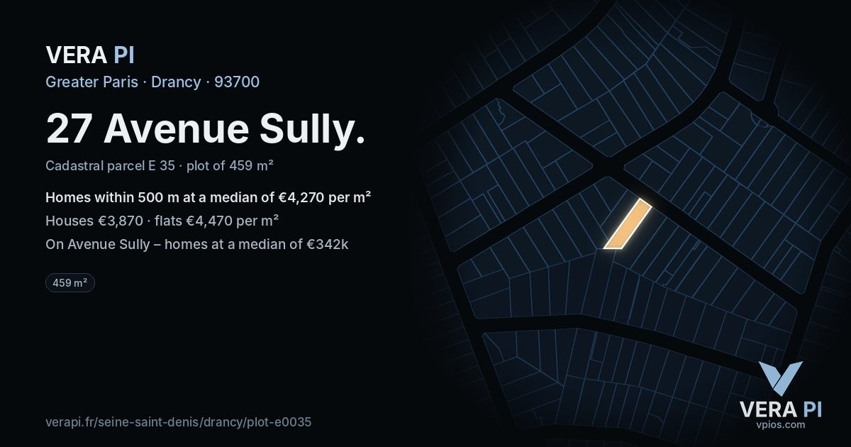 27 Avenue Sully, Drancy at night – the plot lit, the parcels around coloured by the prices near them