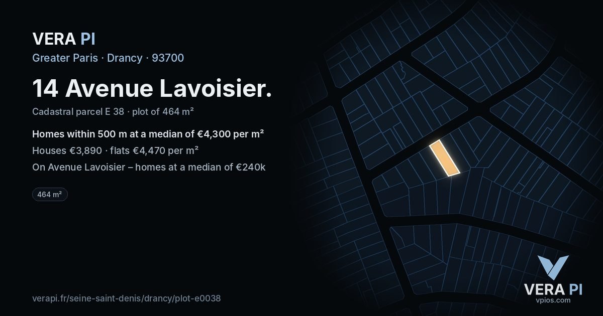 14 Avenue Lavoisier, Drancy at night – the plot lit, the parcels around coloured by the prices near them